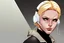 Placeholder: medium shot of a blonde, white woman with a headset who is sitting down typing on a laptop, graphic novel, highly detailed in the comic style of tim sale,