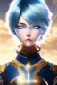 Placeholder: Cyborg anime warrior, light blue hair, short and messy hairstyle, pierced ears, round ears, golden eyes, waist up portrait, 8k resolution, intricate details, ornate details, soft lighting, vibrant colors, retroanime, masterpiece, intricate eyeliner, dark eyeshadow, eyes, intricate tattoos, futuristic cityscape background