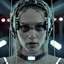 Placeholder: singer Danish MØ face, lumen lighting, led lights, <hanging wires> many wires connected to the head<perfect pupil> <cyborg> <garage> <sci-fi futuristic>