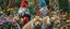 Placeholder: close up portrait of blue and red clothed gnome riding furred lynx cats with lances in garden of eden in the style of Escher and Giger