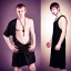 Placeholder: Realistic photo Russian shorthair beautiful 20-years guy boyish boylike wide hips in black nightgown and evil force amulet in hotel