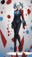 Placeholder: Harley Quinn, black suit, white hair and blue and red details on it, evil smile