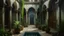 Placeholder: Oil painting, A serene indoor courtyard with a small pool surrounded by arched doorways and covered in lush greenery, creative, extremely detailed brush stroke