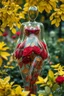 Placeholder: curvy body inside transparent woman yellow leaves beautiful transparent woman made of transparent glass filled inside with red roses and leaves beautiful dynamic pose stands in garden hyper detailed sharpen CGI