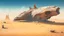 Placeholder: large spaceship in a desert near a ruined town