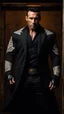 Placeholder: Jason David Frank as a Very muscular alpha male with short hair and tribal tattoos wearing a black designer suit , standing in a doorway