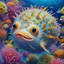 Placeholder: Pufferfish, amazing detail, vibrant colors, underwater, hyperreal, by Lisa Frank