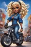 Placeholder: airbrush illustration of the chibi cartoon character, a voluptuous black female in a blue jean outfit with biker boots. Her prominent makeup and hazel eyes, along with her detailed platinum blonde bantu knots, are featured in this image, set against the background of a lively bike show.