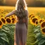 Placeholder: woman, back view, long brown dress, blond hair, sunflower field, sunset