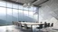 Placeholder: Corner of monumental meeting room with geometric wall pattern, concrete floor and long conference table with gray chairs. Panoramic window with blurry mountain view. 3d rendering