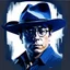 Placeholder: Gustavo Petro, comic style artwork, dark blue, wearing a wide-brimmed hat, wearing a white shirt, serious and thoughtful