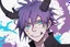 Placeholder: anime man with horns, fangs, messy purple hair and blue eyes