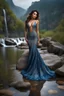 Placeholder: full shot body photo of the most beautiful artwork in the world featuring model, happy mood, High Detail, dramatic, photo realistic, ultra sharp, ultra hd, hyper realistic, ultra realistic, ((((dress)))), trending on artstation, sharp focus, studio photo, intricate details, highly detailed, standing in nice pose in country side with river ,water fall ,rocky valley,mountains at background, pretty clouds