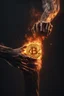 Placeholder: Close up of a A strong forearm held out by a man, a Bitcoin mark has just been burned into he's skin by a branding iron, it's hot and sizzling, he's screaming of pain, realistic, 8k quality, smoky chaos background