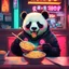Placeholder: neon panda eats a bowl of ramen at ramen shop