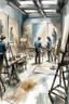 Placeholder: Sketch of a painting studio with easels of oil paintings where people are painting from a live model