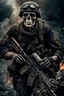 Placeholder: ultra high definition image of an attractive but scary looking skeleton, rising from the ashes, a war veteran, partially humanlike characteristics, army beret and ripped amo wear, very detailed, chaotic background, dramatic close-up action shot of him on a burned out war tanker with a torpedo on shoulder ready to fire and ammo ,gothic and dark theme, 12k