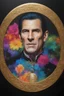 Placeholder: Count Dracula's face inside a small gold circle, Leonard Nimoy/Henry Cavill/Michael Jackson, multicolored, large, Floral/rainbow designs, atmospheric, beautiful, bright, vibrant colors, pitch-black background, oil painting by Boris Vallejo, 4k UHD, Photorealistic, professional quality