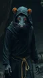 Placeholder: the yoga rat man, black eyes with white glints, ou’re looking at someone who doesn’t just walk into shadows—they belong to them. The black robes cling like a second skin, the belt tied tight with gold thread that catches the light only when he moves. His face is wrapped, but not hidden—his eyes glow like embers, red and steady, as if he’s already seen what waits inside the cave. The tail curls behind him, not in fear, but in readiness. He doesn’t need a torch, because the darkness answers him.