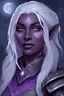 Placeholder: Dungeons and Dragons portrait of the face of a young adult drow rogue blessed by eilistraee. She has purple eyes, pale armor, white hair, and is surrounded by moonlight