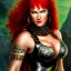 Placeholder: ultra detailed fullbody portrait of Red Sonja, wearing skintight Black costume, extremely detailed digital painting, intrincate, extremely detailed smiling face,crystal clear Big Green eyes, in the style of Adam Hughes , mystical colors , perfectly centered image, perfect composition, rim light, beautiful lighting,8k, stunning scene, raytracing