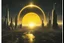 Placeholder: single planet in space silhouetted against cusp of giant yellow sun, epic fantasy sci-fi style, hugeg transparent dome city on surface