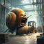 Placeholder: A giant snail in a factory sliming around and are in the way for every worker, a man in Atlet forklift screaming and are angry at the snail