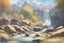 Placeholder: sunny day, rocks, waterfall, mountains, videogame influence of need for speed landscapes, anna boch impressionism paintings