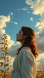 Placeholder: view of a very beautiful women at the golden hour with clouds at the sky with gold branch ,leaves and white flowers on the side ,oil paint style, Van Gogh painting style, a realistic cloudy sky in the background