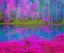 Placeholder: magic pink forest with purple and pink trees, pink and blue and yellow flowers and beautiful fairies around a turquoise lake, a blue sky and sunlight