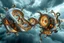 Placeholder: Dynamic complex hypnotic fractal 3D Symmetrical structures with mirrors twisting and morphing between organic and geometric forms , smooth translucent iridescent glass with inner glow and bubbles, varied transparent materials, stormy skies, intense dramatic
