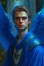 Placeholder: portrait of a celestial male archangel with characteristic clothing, in a forest with blue backgrounds realistic style