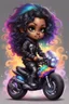 Placeholder: Create an digital airbrush illustration of a chibi cartoon black female wearing tie dye hoodie and black tights and biker boots. Sitting on a colorful sports motorcycle. Prominent make up with long lashes and hazel eyes. Highly detailed long twisted wavy hair blowing in the wind. Background of a bike show and smoke around her.