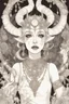 Placeholder: A young tiefling woman with a set of ram horns on her head encrusted with jewels, White-Blonde, short hair, black eyes, dressed in white and gold with lots of jewelry, beautiful, satanic tattoos on her neck,