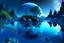 Placeholder: blue exoplanetin the sky, water reflection, rocks, vegetation