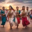 Placeholder: Hyper Realistic cultural Pushto girls & Women doing traditional attan dance with traditional desi cloths in a cultural area with other people at cloudy sunset