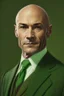 Placeholder: realistic Portrait of a man in his late forties. He wears a brown suit and a green tie and he is bald. he looks like a politcian