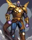 Placeholder: An armor made of a mixture of steel and leather, worn by a strong commander with magical power infinity gauntlet has six infinity stones And two big wings on his back