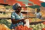 Placeholder: fat African women laughing bending down buying fruits selling vegetables polkadots wear njideka akunyili splash,JEREMY MANN Paint Strokes, minimalist illustration minimalist illustration