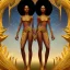 Placeholder: Female angelic African American Twins, black skin, tall and slender, long afro kinky hair,big brown eyes, long eyelashes warrior wear. Big butts. Gold accents on clothing. Surround by trees. Holding golden spears. Starry night