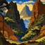 Placeholder: Brown mountains with a canyon designed in Javanese shadow puppets painted by Paul Ranson