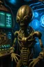 Placeholder: steampunk giant alien with tiny lcds face in a dark in a background A big wall of control system with an alien standing