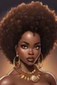 Placeholder: create a comic book art illustration of a curvy size dark skinned black female wearing a hazel brown off the shoulder blouse. Prominent make up with long lashes and hazel eyes. She is wearing brown feather earrings. Highly detailed full black tight curl afro