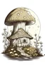 Placeholder: outline art, a tiny cottage nestled under a large, glowing toadstool on a moonlit night, angle full view, no cut parts, clear line art, white background, no shadows, no tones color, no detailed artwork, clear and well outlined.