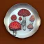 Placeholder: Patchwork, large Amanita muscaria mushrooms in a silver plate