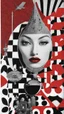 Placeholder: surreal collage art crafted from vintage persian magazines poster Novell , art composition by kusama, sci-fi elements , Alice's Wonderland, black and white and deep red