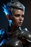 Placeholder: create a female air genasi from dungeons and dragons, dark gray short hair, undercut, light blue eyes, wind like hair, wearing hot leather clothing that also looks studded, realistic, digital art, high resolution, strong lighting