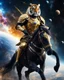 Placeholder: Realistic photography take photoshoot from far,front view of a humanoid warrior tiger wearing clothing armor golden ,on riding a black horse , flying in space, on galaxy surrounded by planets