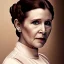 Placeholder: half-length color photo shoot, three-quarter face pose of carrie fisher as Princess Leia with realistic fine and very simple short hair, entrancing deep brown eyes, Intricate, High Detail, Sharp focus, realism, beautiful and detailed lighting, Nikon D850, ef 85mm 5.6 by Annie Leibovitz