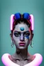 Placeholder: Ultra Realistic image, Rosalía artist, portrait, waist up portrait, black eye line, angry face , gold pink and blue geisha style, spray line make up, geometric, led lights, neon, rings piercing, led ornament, fog, bubble latex coat, vibrant color, highly detailed, art stations, concept art, smooth, unreal engine 5, god rays, ray tracing, RTX, lumen lighting, ultra detail, volumetric lighting, 3d, finely drawn, high definition, high resolution.